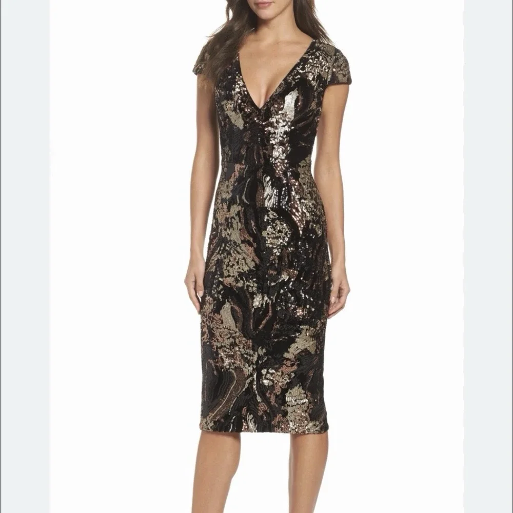 Dress the Population Black Gold Sequin Velvet V-Neck Cap Sleeve Sheath Midi Glam - Picture 12 of 12